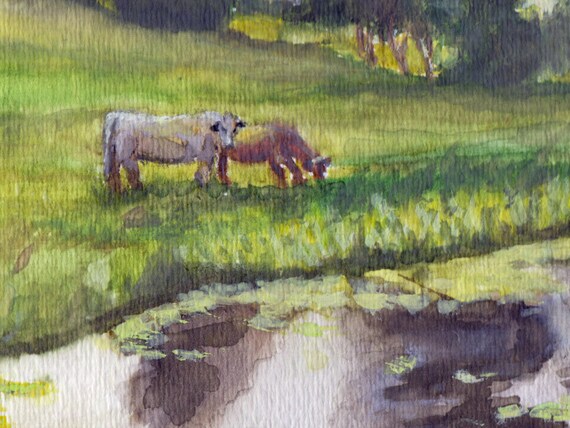 農場の絵画 - 私のオリジナルの水彩画「牛の牧草地」、農場、納屋、牛