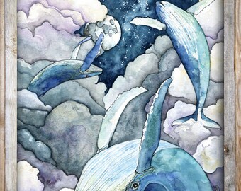 あつ&さま専用（原画）夜空のクジラ【水彩画】ほか　5点おまとめ 黒猫 星空 夜空 原画 クジラ 星 星座 キャンバス 美術品 - 絵画