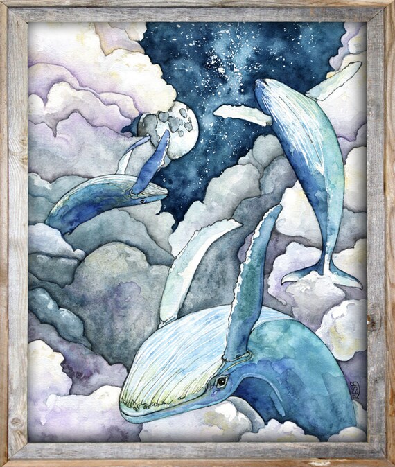 クジラの絵、水彩画、クジラの版画、夜空、クジラのアート