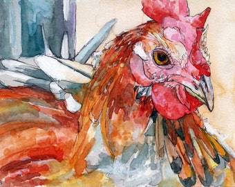 May include: Watercolor painting of a rooster with a red comb and wattle. The rooster is looking to the right with its head tilted. The painting is done in shades of red, orange, yellow, and white.