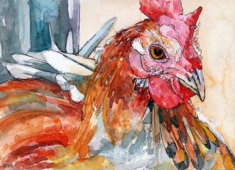 May include: Watercolor painting of a rooster with a red comb and wattle. The rooster is looking to the right with its head tilted. The painting is done in shades of red, orange, yellow, and white.