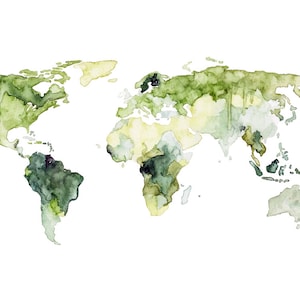 Watercolor Forestation World Map - Print from Original Watercolor Painting, "World Map Forests", Travel Map, Green Map, Map Art