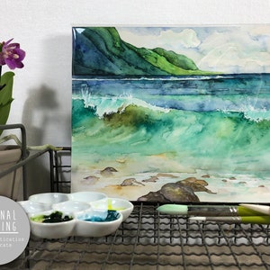 Original Hawaii Watercolor Painting - Painting titled, "Green Waves", Original Art, Original Painting