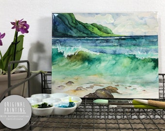 Original Hawaii Watercolor Painting - Painting titled, "Green Waves", Original Art, Original Painting