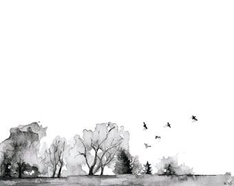 Tree Line Painting - Print from Original Watercolor Painting, "Quiet", Watercolor Landscape, Black and White, Birds in Flight