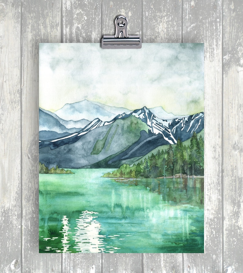 Mountain Lake Painting Print of Mountain Landscape, Forest Print, Watercolor Landscape, Abstract Art image 2