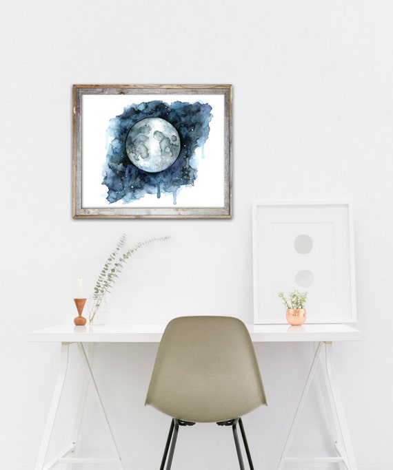 水彩画、月の絵、月のプリント、月の満ち欠け、満月、夜空のプリント