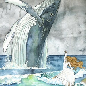 XLARGE Watercolor Dancer and Whale Painting Sizes 16x20 and up, Humpback, Whale Art, Whale Painting, Whale Nursery, Whale Print image 2