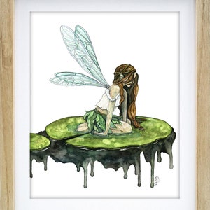 May include: Watercolor painting of a fairy with green wings sitting on a large green lily pad. The lily pad is dripping with black liquid. The fairy has long brown hair and is wearing a white dress and a green skirt. The painting is signed "RESA" in the bottom right corner.