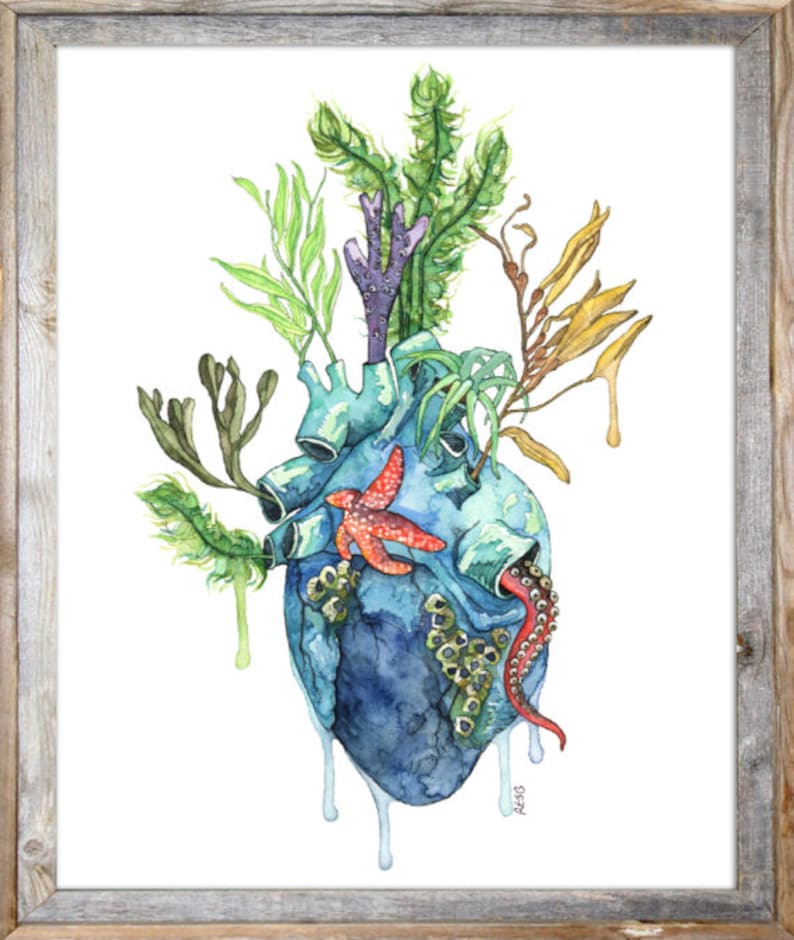 Aquarell Malerei, Anatomisches Herz, Anatomisches Herz Druck, Herz, Menschliches Herz, Ozean Herz, Ozean Malerei, Meer Bild 3
