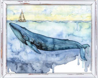 クジラの絵画 - 帆船の下のシロナガスクジラの版画、水彩画、クジラ