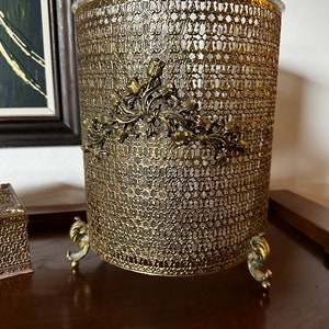 Vintage Hollywood Regency Gold Filigree Trash Can and Tissue Holder image 2