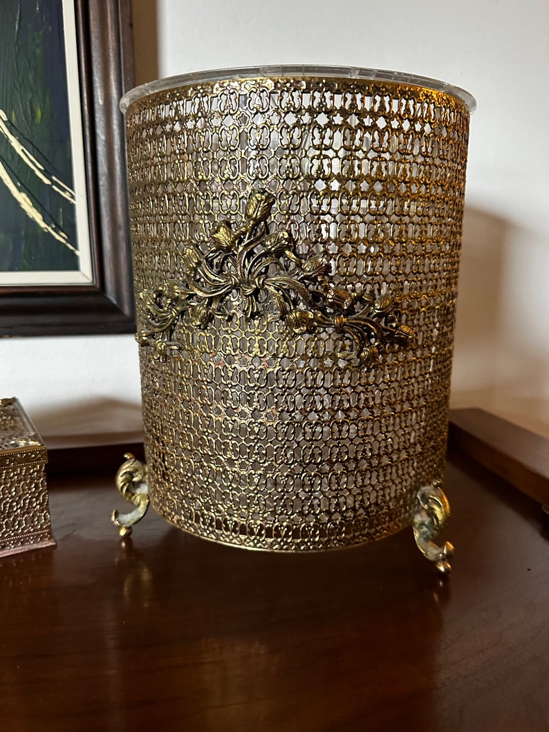 Vintage Hollywood Regency Gold Filigree Trash Can and Tissue Holder image 2