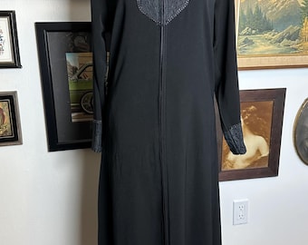 Vintage 1970s Black House Dress With Black Rhinestones & Lace Details