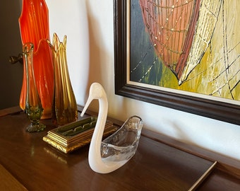 Vintage Mid Century White Glass Swan Dish Handblown