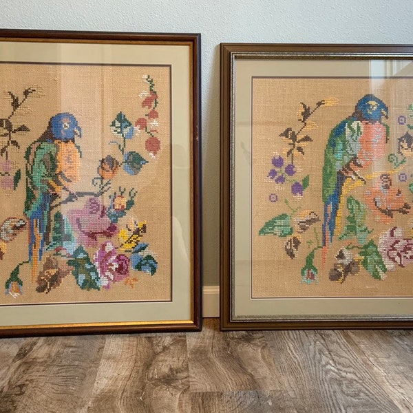 Vintage Large Framed and Hand Embroidered Bird Art Bird Wall Hanging