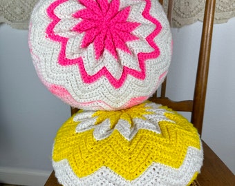 Vintage 1970s Hand Crocheted Pouf Pillow