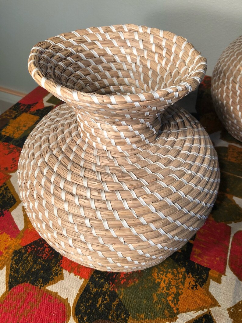 Vintage Large Buri Style Coiled Woven Basket Vases Etsy