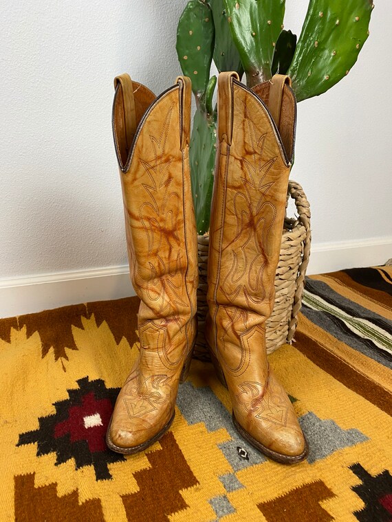 Vintage 1970s Cowboy Boots Leather Stacked Heel We