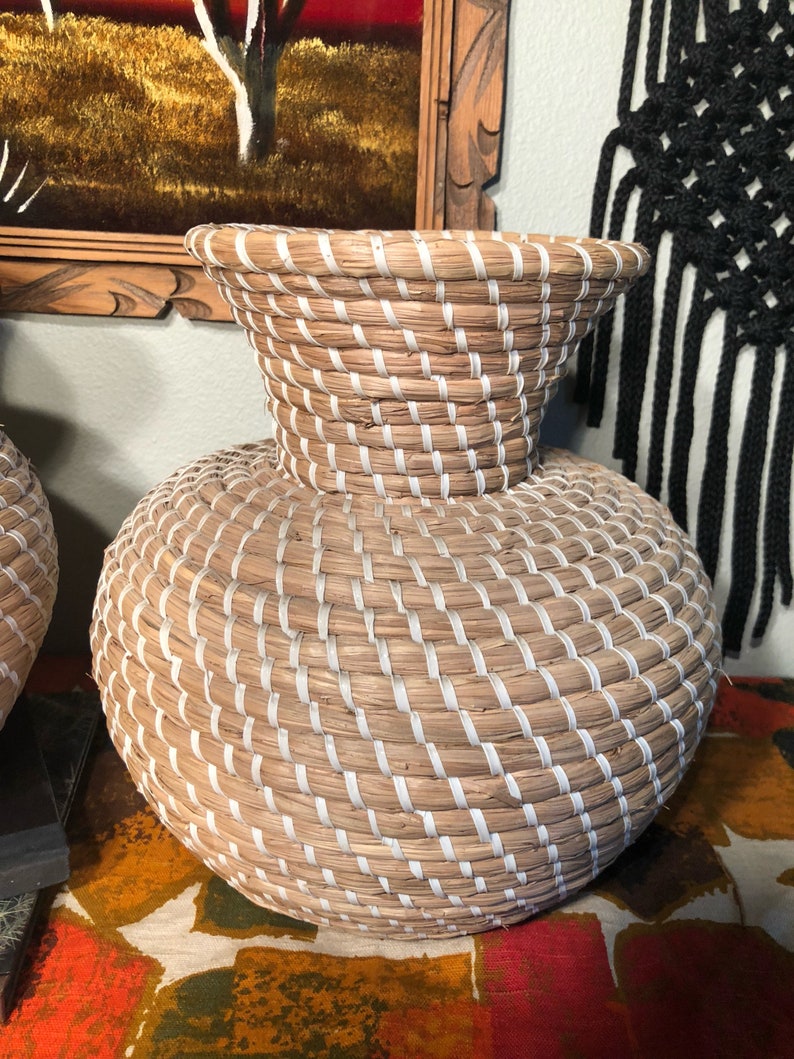 Vintage Large Buri Style Coiled Woven Basket Vases Etsy