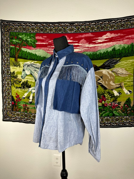 Vintage 1980s-90s Fringed Denim Western Shirt - image 2