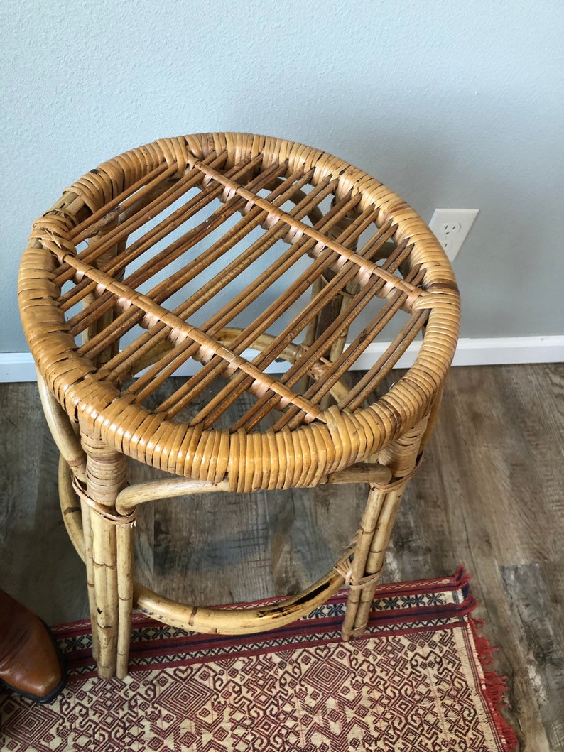 Vintage Mid Century Rattan and Bamboo Stool