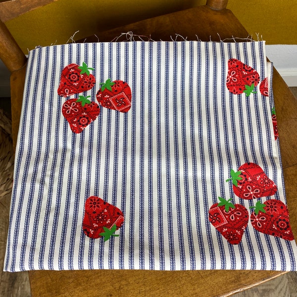 Sweet Vintage 70s 27”x 45” Hickory Stripes with Bandana Print Strawberries