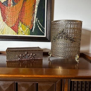 Vintage Hollywood Regency Gold Filigree Trash Can and Tissue Holder image 1