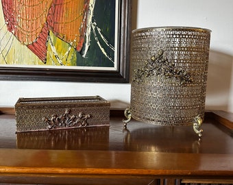 Vintage Hollywood Regency Gold Filigree Trash Can and Tissue Holder