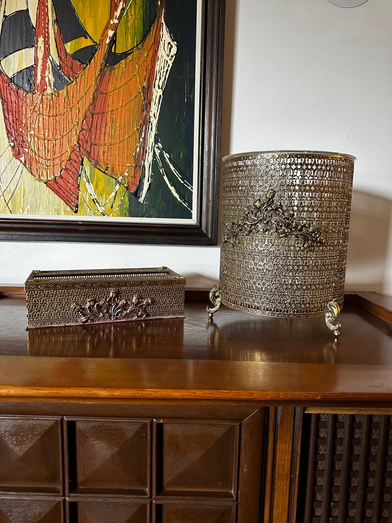 Vintage Hollywood Regency Gold Filigree Trash Can and Tissue Holder image 1