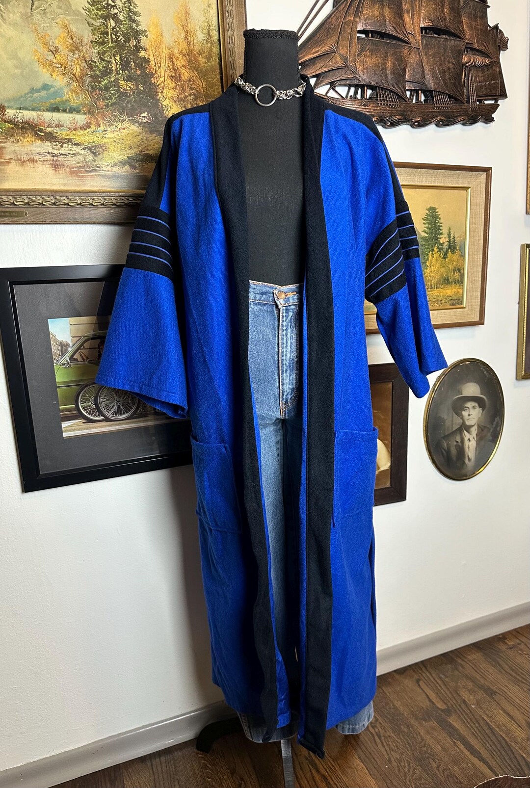 Vintage 1970s/80s Men’s Blue & Black Robe - Etsy