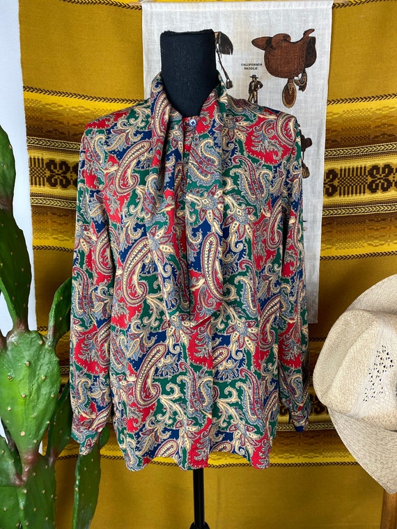 1970s Womens Polyester Pussy Bow Blouse S-L - image 8