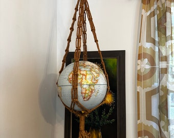 Vintage Rand McNally 12” Raised Topography Globe in a Vintage Macrame Hanger