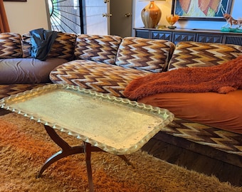 Mid-Century Morrocan Brass Tray Coffee Table With Folding Walnut Base