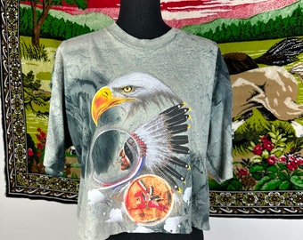 Vintage 1990s Eagle and Feathers Cropped Tie-Dye T-shirt