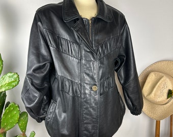 Vintage 1990s Mid Length Black Leather Coat