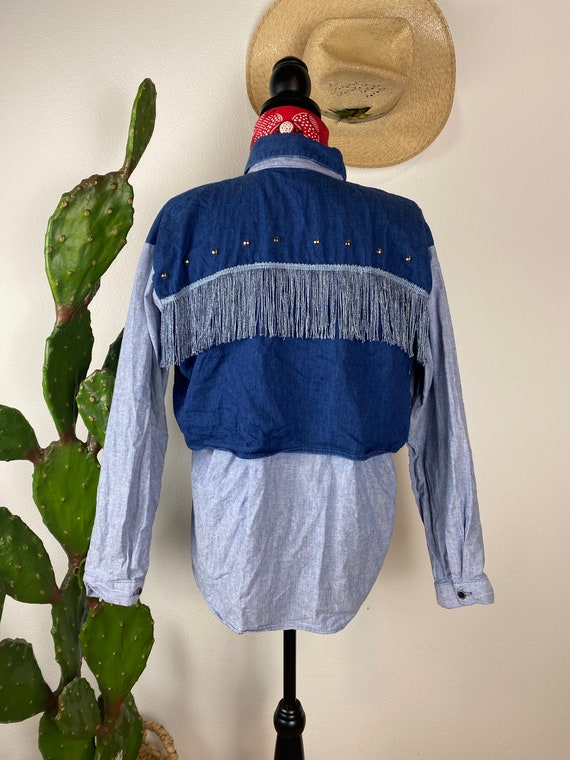 Vintage 1980s-90s Fringed Denim Western Shirt - image 4