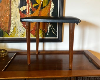 Mid Century Danish Teak Footstool with Black Leather Top