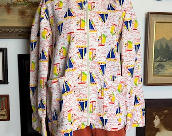 Vintage 1960s-70s Jantzen Zip-Up Sailboat Polyester Shirt or Lightweight Jacket Size M