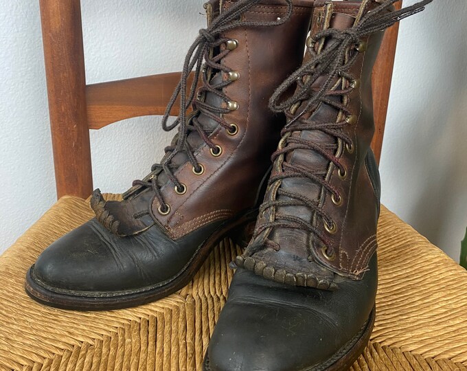 Vintage Western Two Toned Leather Ropers Lace up Boots Mens 7 / Womens