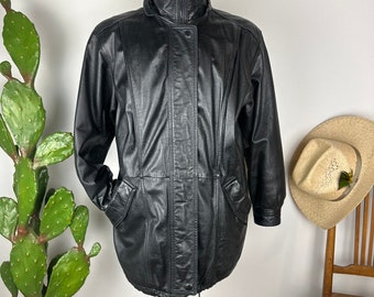 Vintage 1990s Mid Length Black Leather Coat