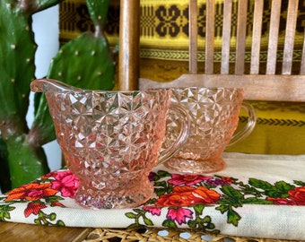 Vintage Pink Depression Glass Creamer and Sugar Set Pressed Glass