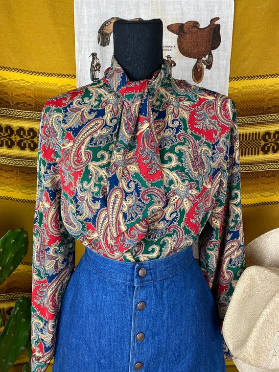 1970s Womens Polyester Pussy Bow Blouse S-L