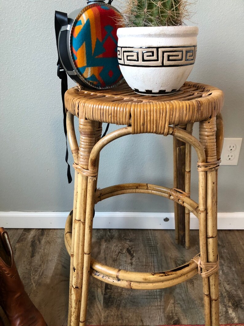 Vintage Mid Century Rattan and Bamboo Stool