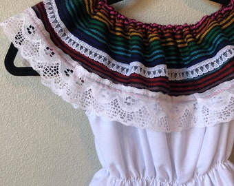 Little Girls Vintage Off the Shoulder Mexican Dress Serape Oaxaca Dress 4-6T
