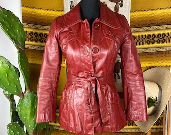 Vintage 1970s Red Leather Belted Jacket