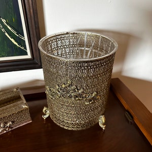 Vintage Hollywood Regency Gold Filigree Trash Can and Tissue Holder image 3