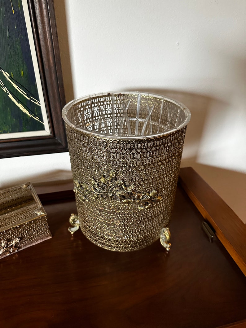 Vintage Hollywood Regency Gold Filigree Trash Can and Tissue Holder image 3