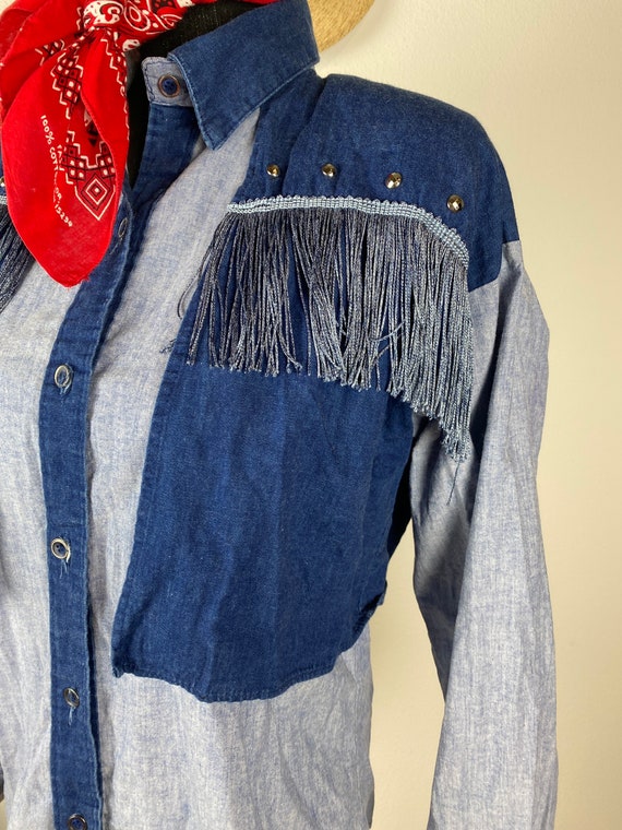 Vintage 1980s-90s Fringed Denim Western Shirt - image 6