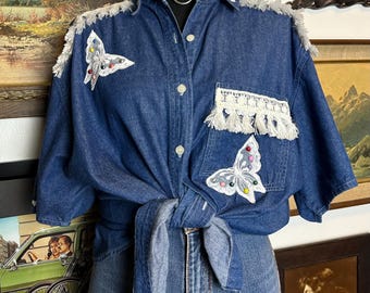 Blusa vaquera vintage con flecos y motivo de mariposa, años 80 y 90, talla L-XXL